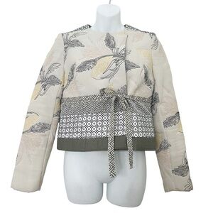 Tory Burch Ninian silk linen quilted jacket size 4 kimono wrap Asian mixed print